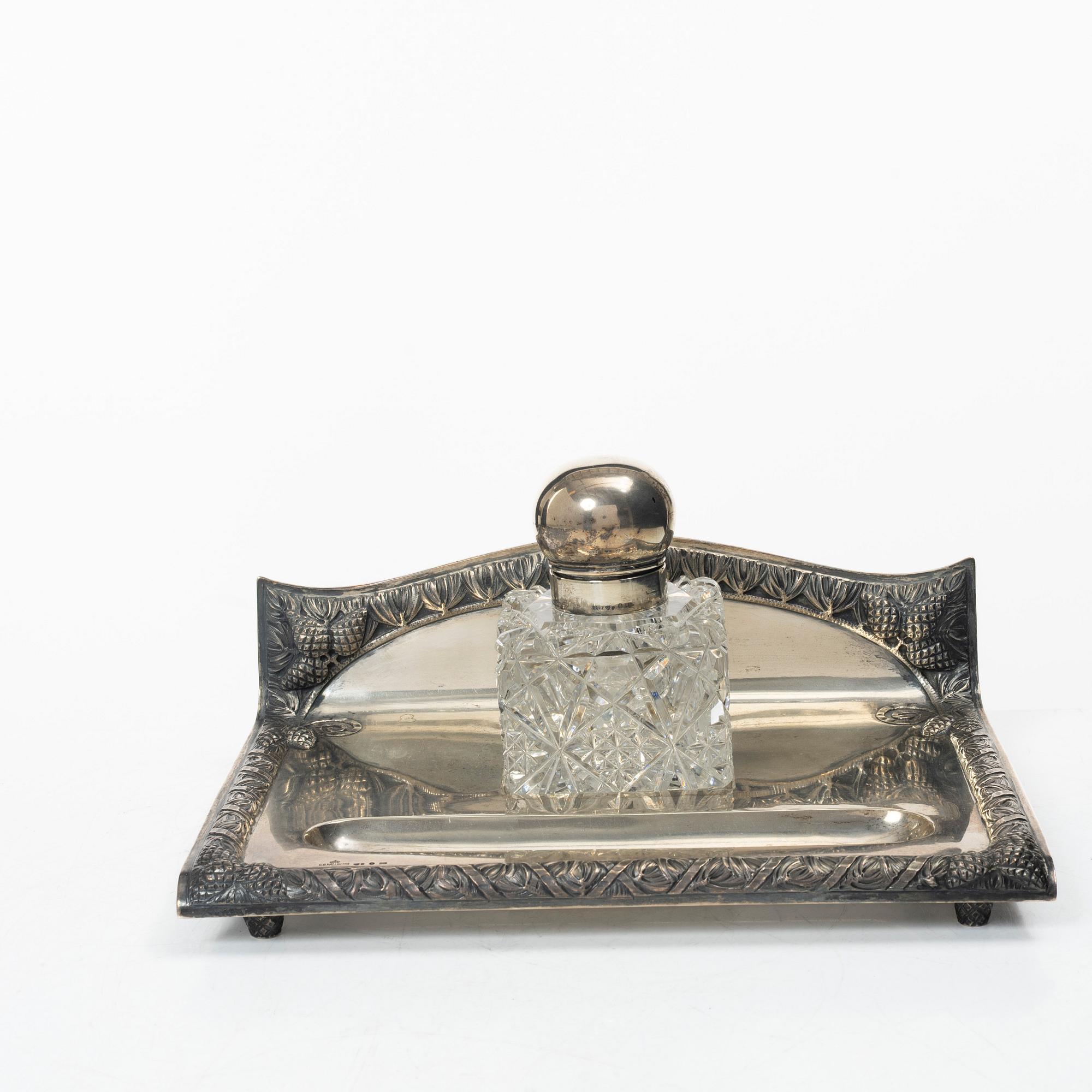 Jugend/Art Nouveau, CG Hallberg, writing desk, silver and glass, Stockholm 1916.
