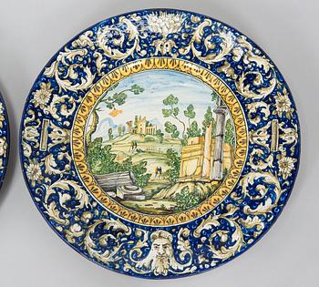 Two faience chargers in historic style, Italy, late 19th century.