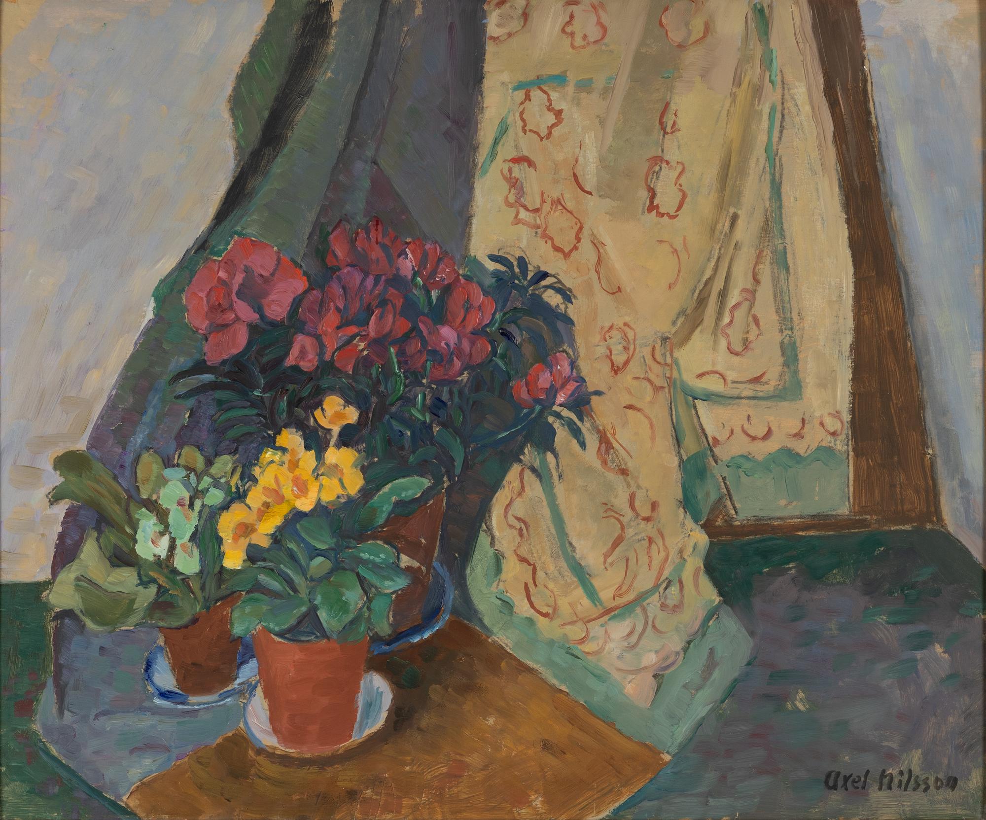 Axel Nilsson, "Uppställning med röda och gula blommor".