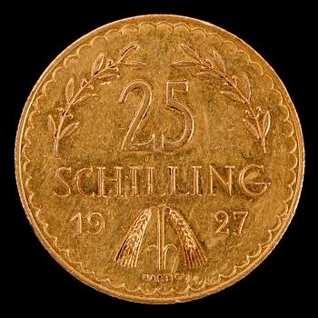 GULDMYNT, 25 shilling, Österrike, 1927. Vikt ca 6 g.