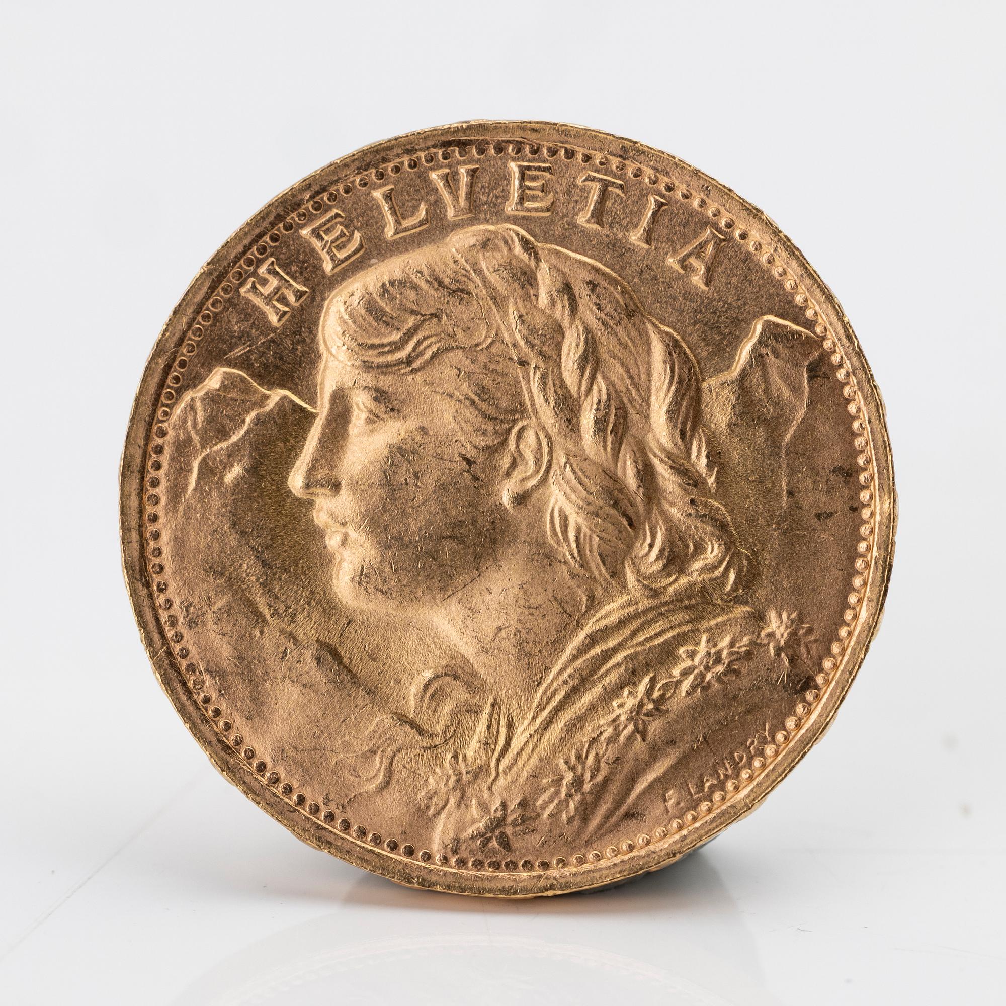 Gold coin, 21.6K, Helvetia 20 Francs, Switzerland, 1935.