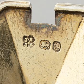 A silver mustard pot with blue glass and a spoon, Joseph I & Joseph II Angel, London 1849.