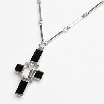 Wiwen Nilsson, a crucifix pendant and chain, sterling silver with facet cut rock crystal and onyx, Lund, Sweden 1935.