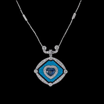 A blue sapphire, 5.15 cts, turqouise and brilliant cut diamond necklace, tot. 5.80 cts.