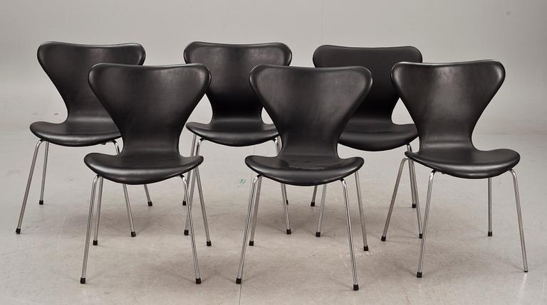 Stolar, 6 st, "Sjuan", Arne Jacobsen för Fritz Hansen. 1970-tal.