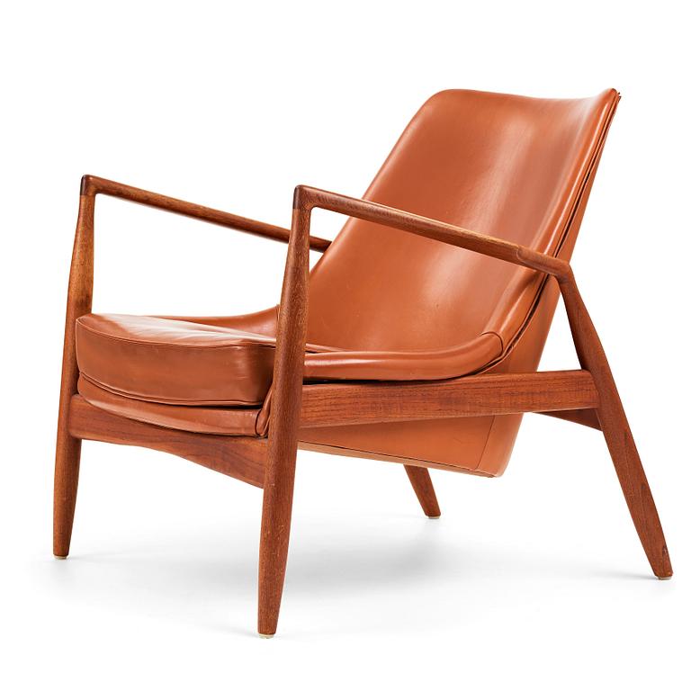 Ib Kofod-Larsen, a teak and brown leather "Seal" armchair, Olof Persons Fåtöljindustri (OPE), Sweden 1950's-60's.