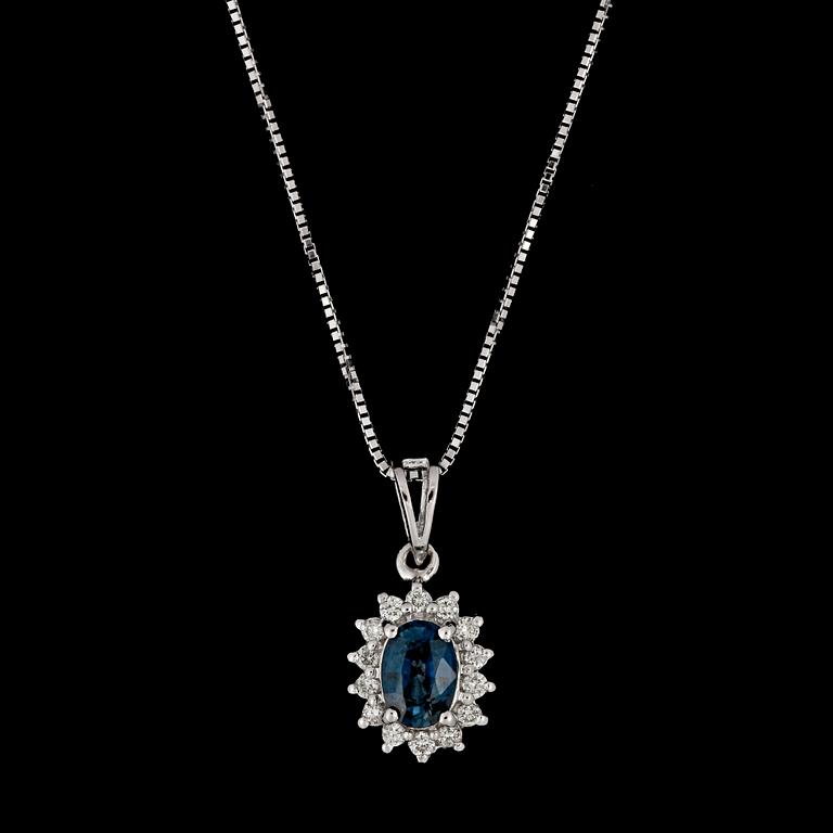 HÄNGSMYCKE, fasettslipad blå safir med briljantslipade diamanter, tot.ca 0.28 ct.