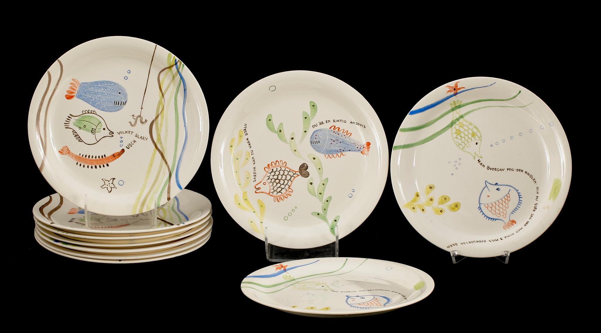 A set of eighteen Stig Lindberg creamware plates 'Löja', Gustavsberg 1948-62.