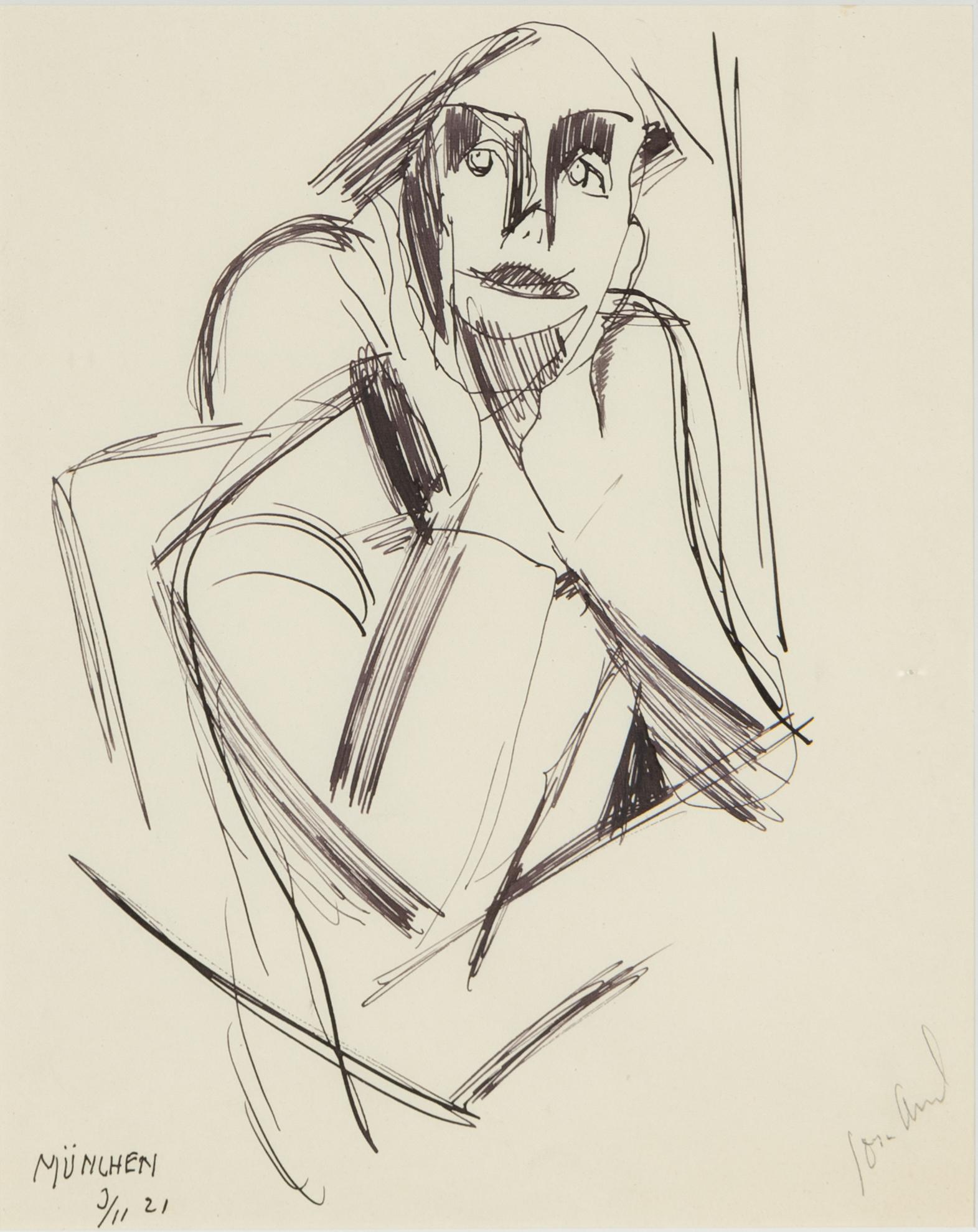 John Jon-And, pencil drawing on paper, signed and dated München 3/11-21.