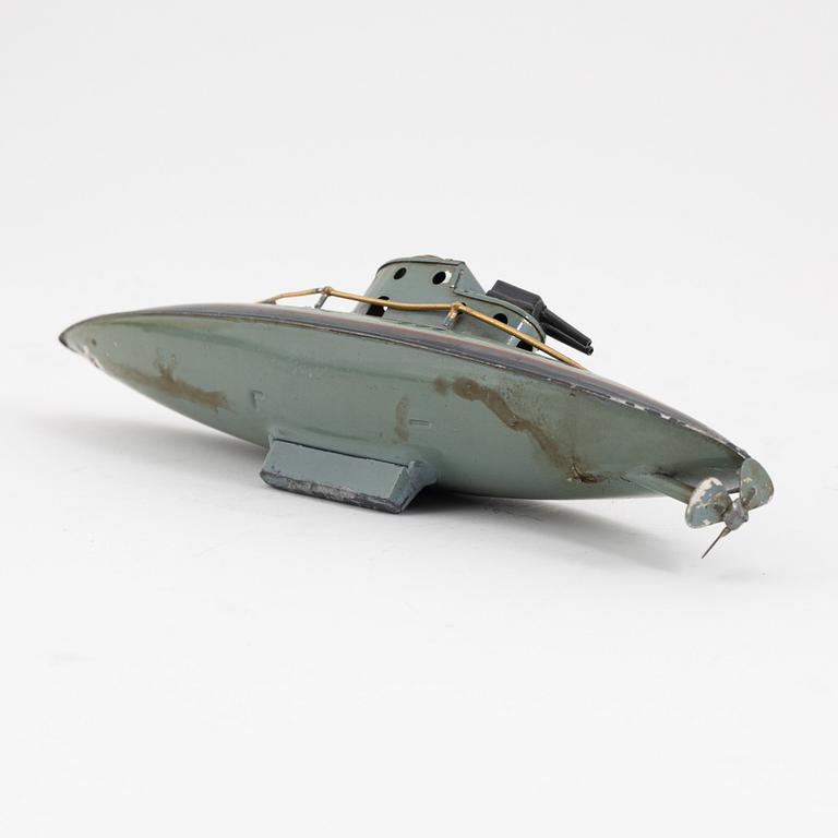 Leksak, u-båt, bemålad plåt, 1920-tal.