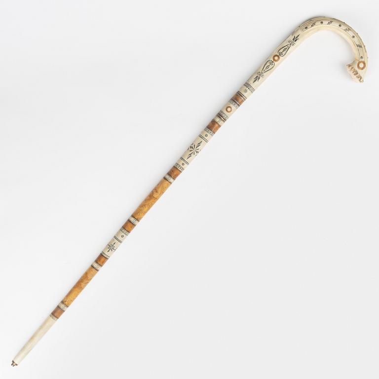 Anton Enarsson, a reindeer horn, birch and pewter walking stick, signed AE and dated 1965.