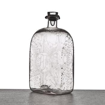 A glass bottle, 18th Century.