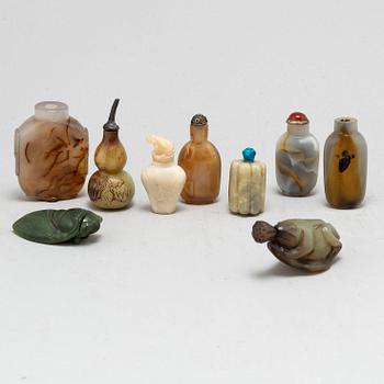 Nine Chinese glass and stone snuff bottles, 20th century.