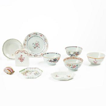 A set of four Chinese dishes, four cups a tea caddy and a european enamel snuff box, 18th Century.