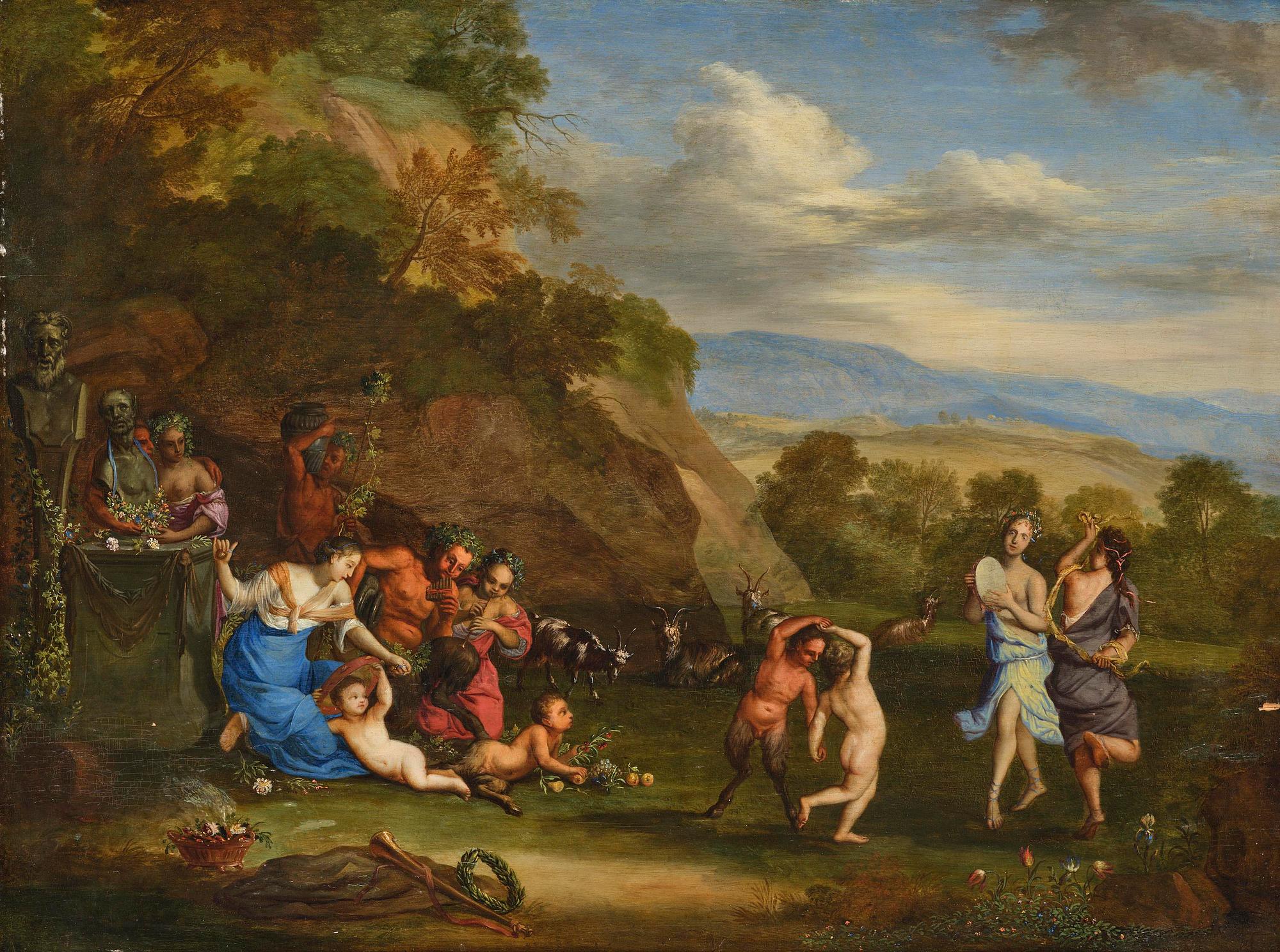 Cornelis van Poelenburgh, tillskriven, Arkaiskt landskap med dansande nymfer och fauner.