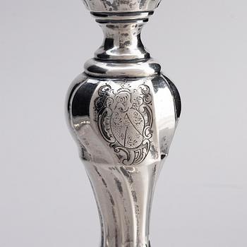A pair of Belgian silver candlesticks, Hainaut, Ath, Belgium, 1768.