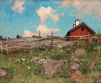 631. Alfred Bergström, Summer landscape with red cottage behind a roundpole fence.