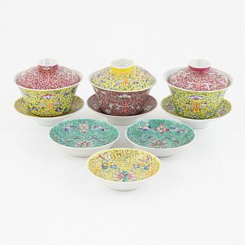 A group of three Chinese enamelled porcelain cups with covers and stands, three small dishes, 20th century.