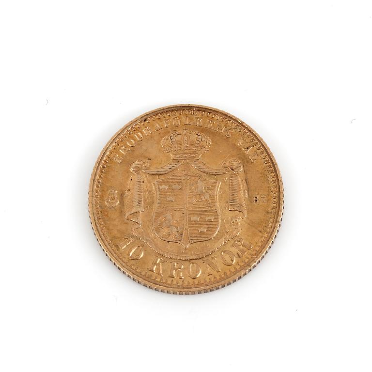 GULDMYNT, 10 kronor, Oscar II av Sverige och Norge, 1874.