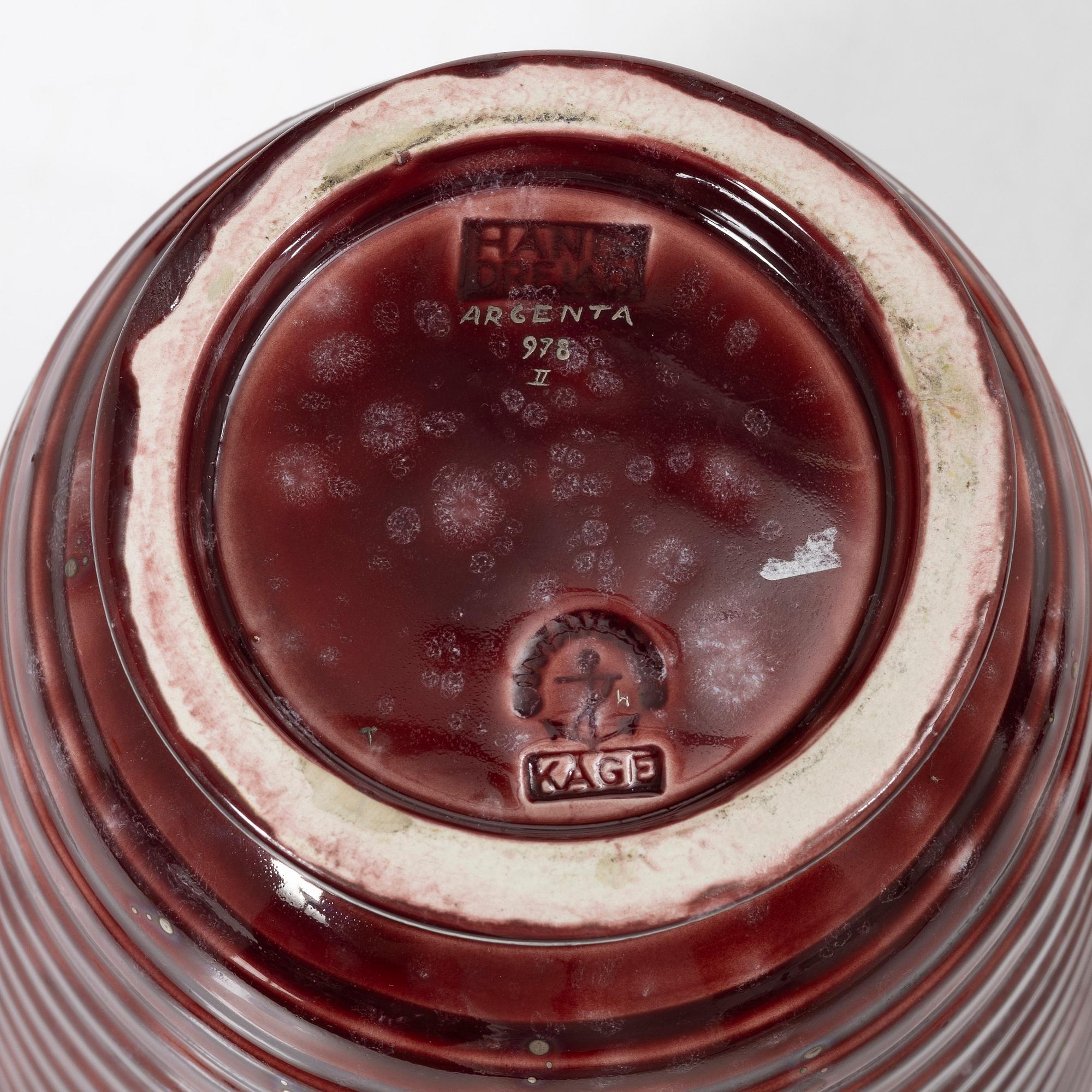 Wilhelm Kåge, two red 'Argenta' vases, stoneware, Gustavsberg, Sweden.