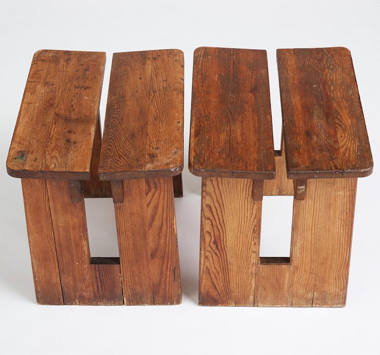 Axel Einar Hjorth, two pine "Skoga" stools, Nordiska Kompaniet, Sweden 1930's.