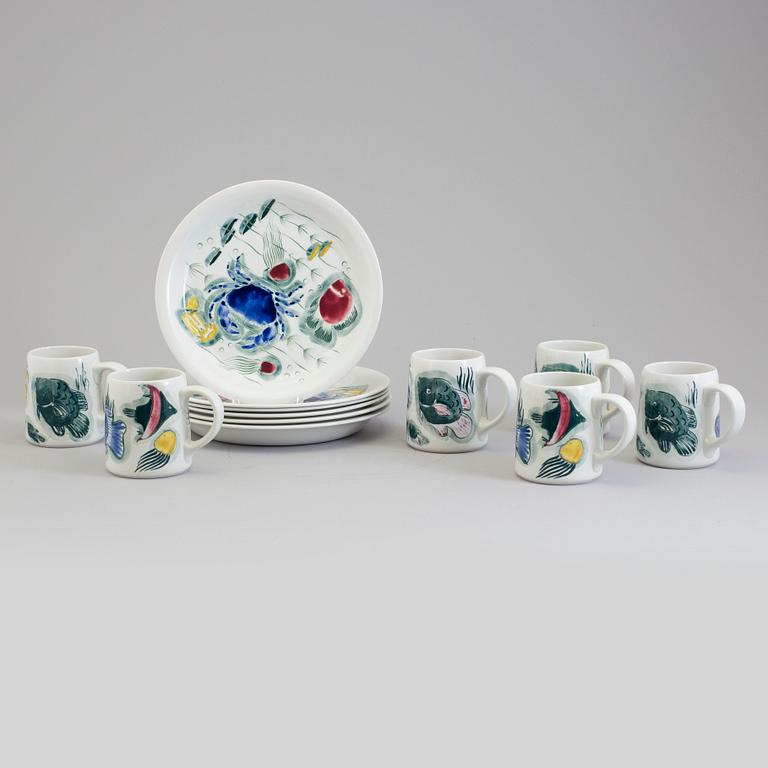 A set of six porcelain plates and cups by Anja Juurikkala, "Crayfish", Arabia.