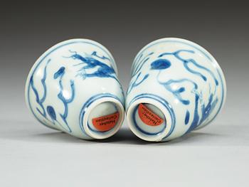 Two blue and white wine cups, Ming dynasty, Transition/Chongzhen (1628-44).