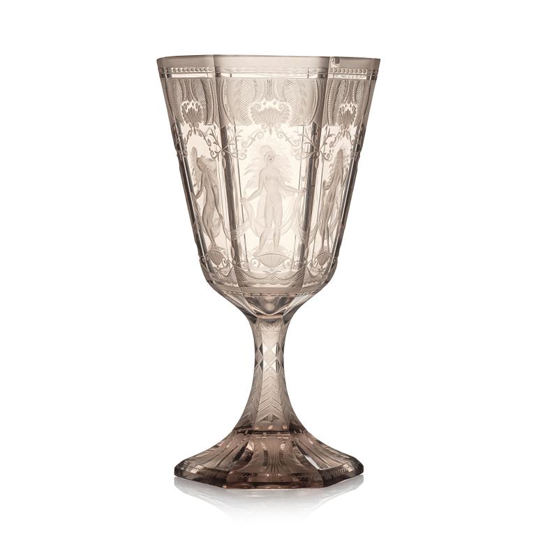 Simon Gate, an engraved glass goblet, 'Six Graces', Orrefors, Sweden, 1927.