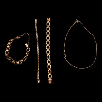 PARTI GULDSMYCKEN, 4 delar, mest 18K, 1800-1900-tal. Totalt ca 40 gram.