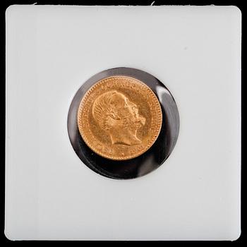 GULDMYNT, 10 kronor, Oscar II, 1901. Vikt ca 4 gram.