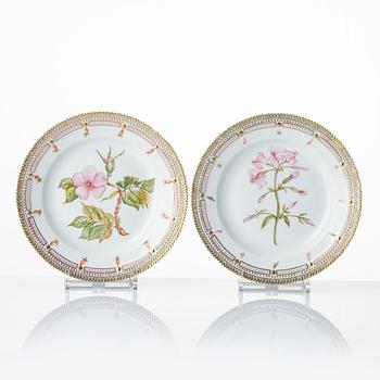 A set with a Royal Copenhagen 'Flora Danica' triangular dish, a sugar bowl with cover and three small dishes, Denmark,