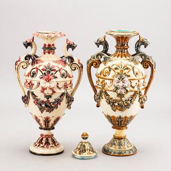 A set of two Rörstrand majolica urns around 1900.