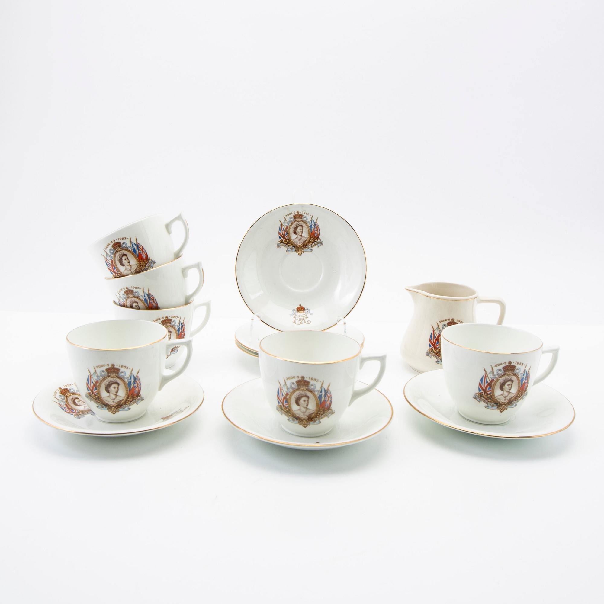 English Queen Elizabeth II Coronation Souvenir Cup and saucer 1953, seven pieces.