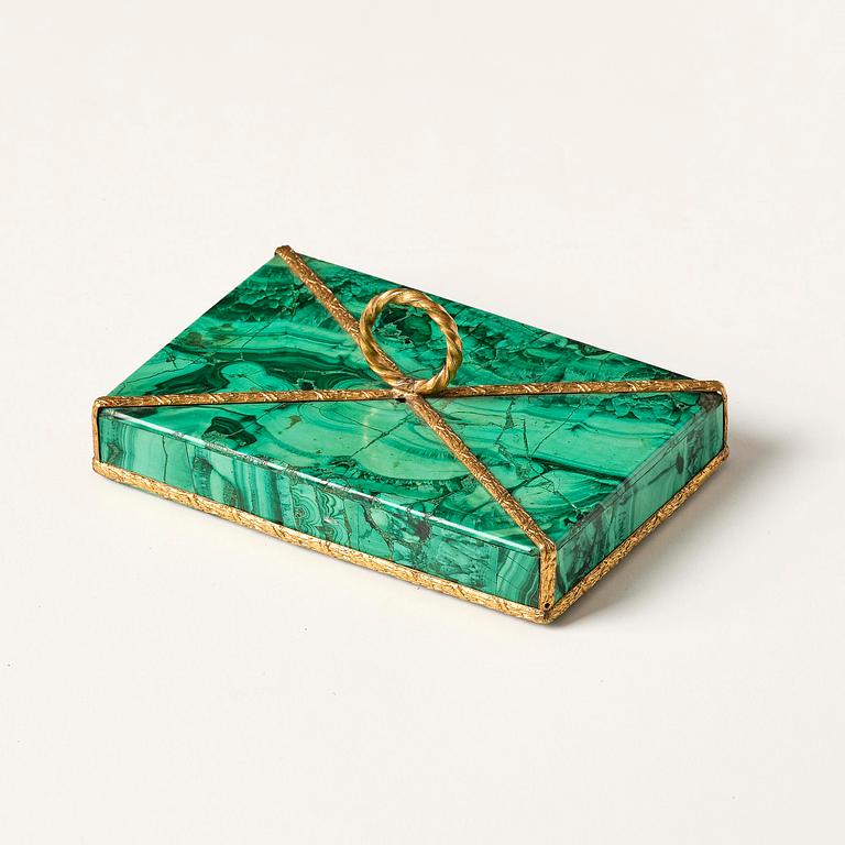 A Russian Alexander II malachite-veneered and gilt bronze-mounted paperweight, later part 19th century.