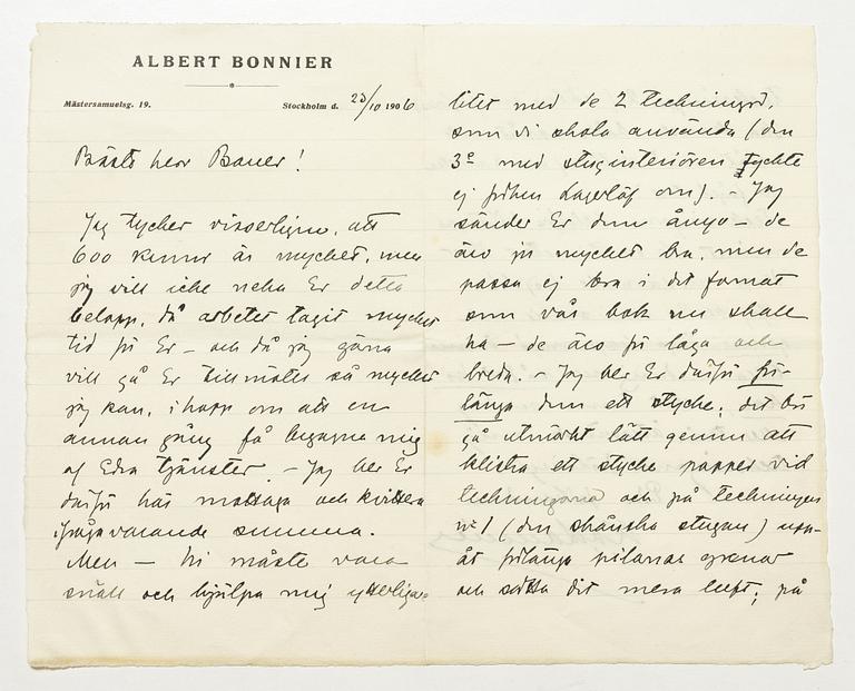 John Bauer, Tre brev mellan John Bauer och Bonniers om illustrationerna till Nils Holgersson.