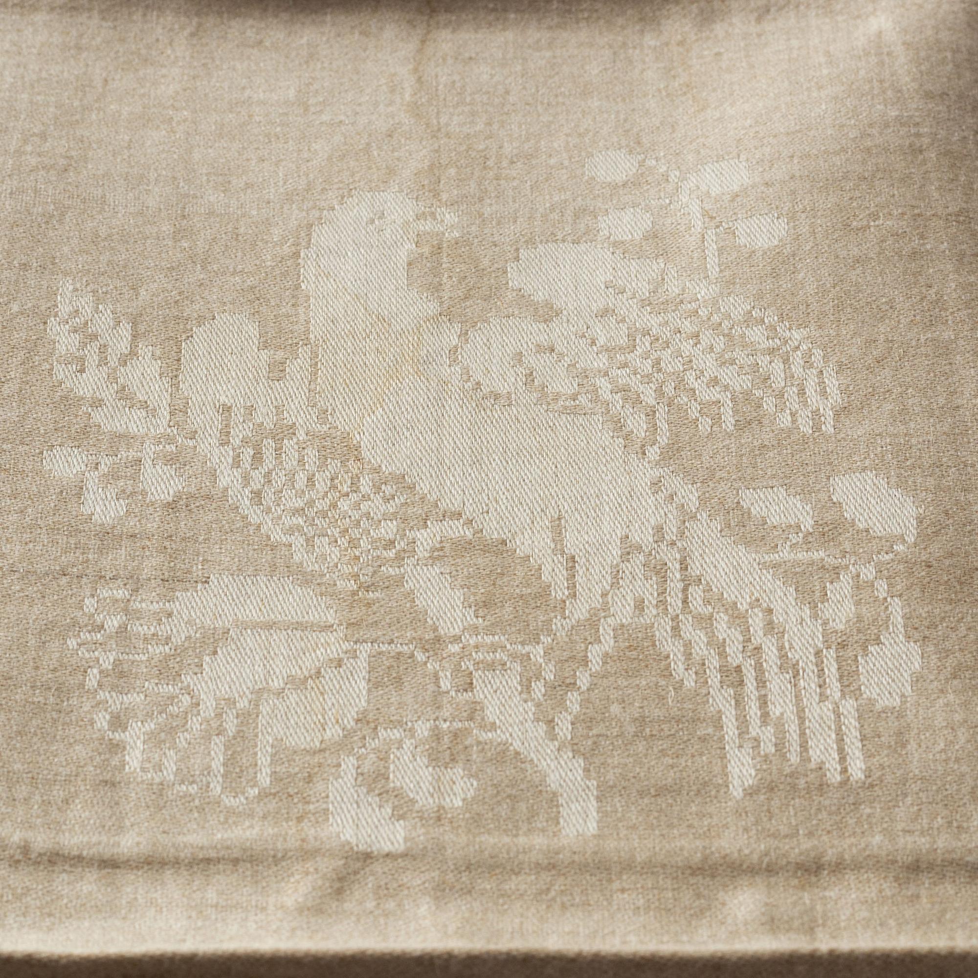 Duk och servetter, 13 st., linnedamast, "Örnarna" (Hellgrenska fågelmönstret).