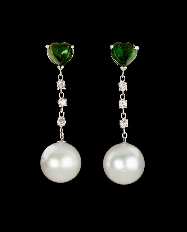 A pair of cultured South sea pearl, heart cut tourmaline and diamond earrings.