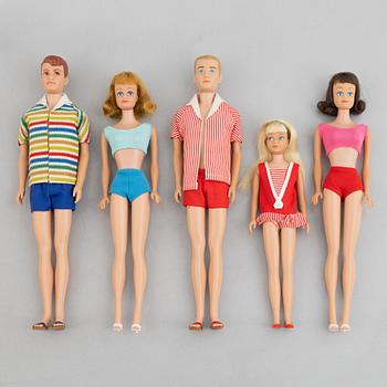 Barbiedockor, 5 st, bl a "Midge", "Skipper" & "Ken", Mattel, 1960-tal.