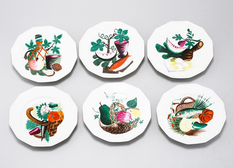 Six porcelain small plates by Colette Gueden for Limoges, second quarter of the 20th century.