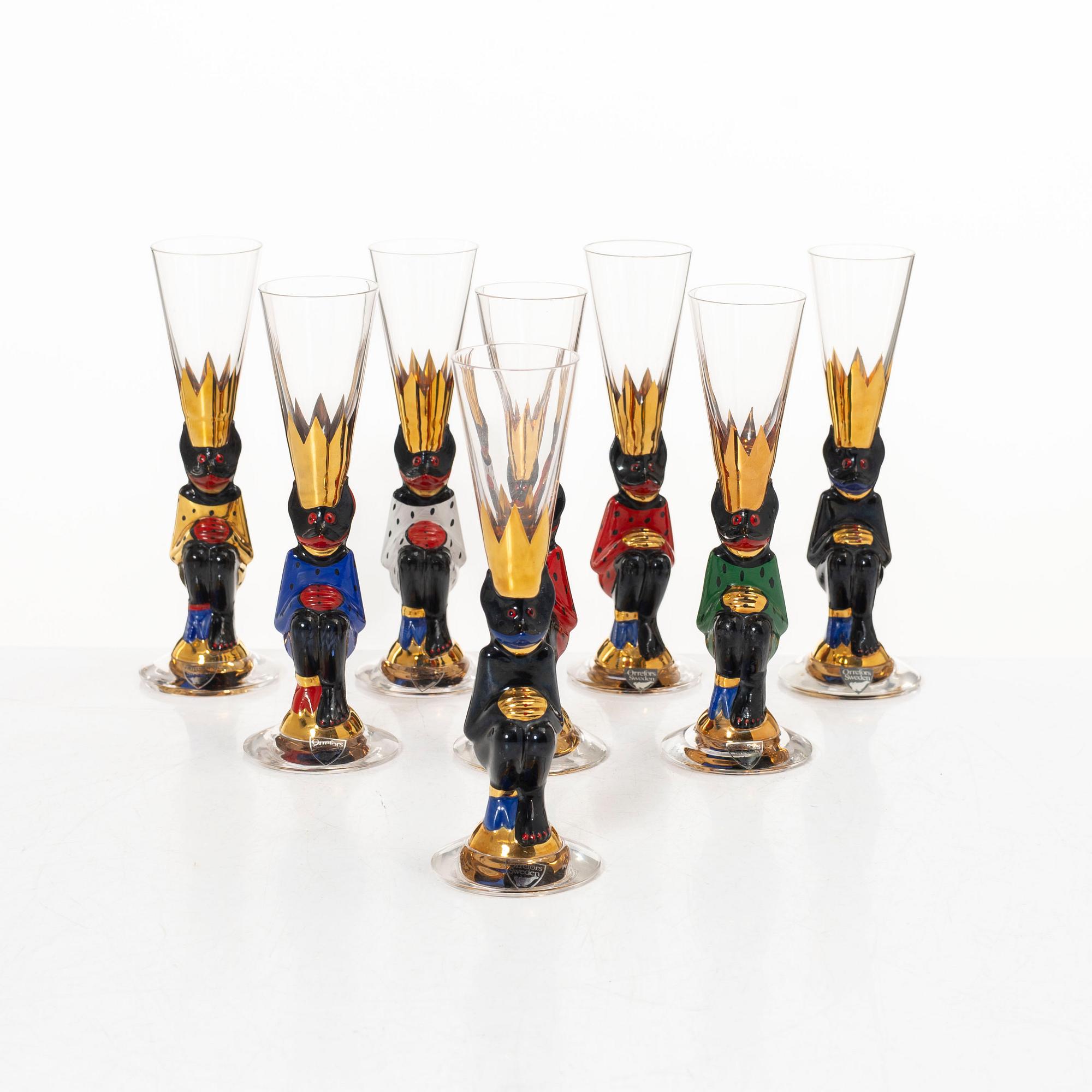 Gunnar Cyrén, snapsglas, 8 st, sk djävulsglas, ur Nobel-servisen, Orrefors.