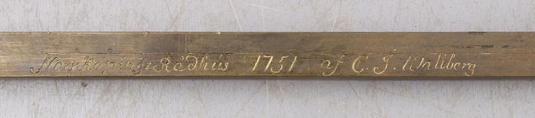 MÄTSTICKA, mässing, märkt Norrköpings Rådhus 1751 af CF Wallberg.