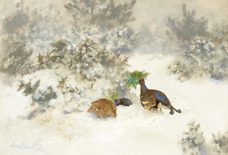 Bruno Liljefors, Winter landscape with Black grouse and Grey hen.