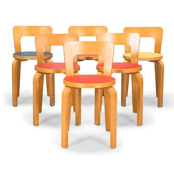 Alvar Aalto, six 1960s '65' chairs for Artek.