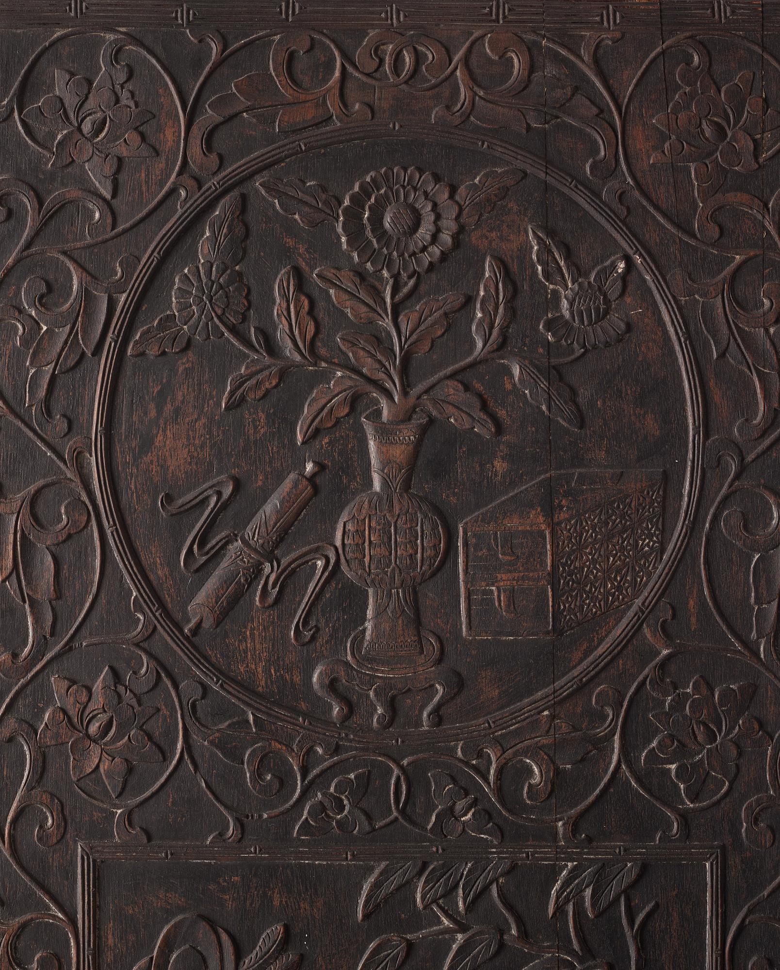 A set of three Chinsese hardwood panels, Qing dynasty.