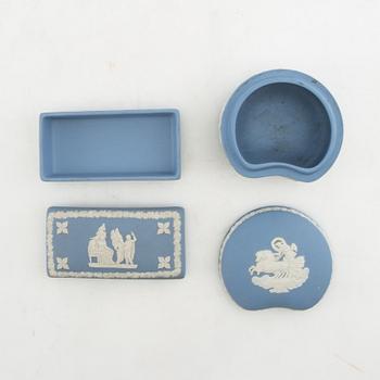 A collection of boxes, plates, etc. 8 dlrs, mostly Wedgwood England 20th century jasperware.