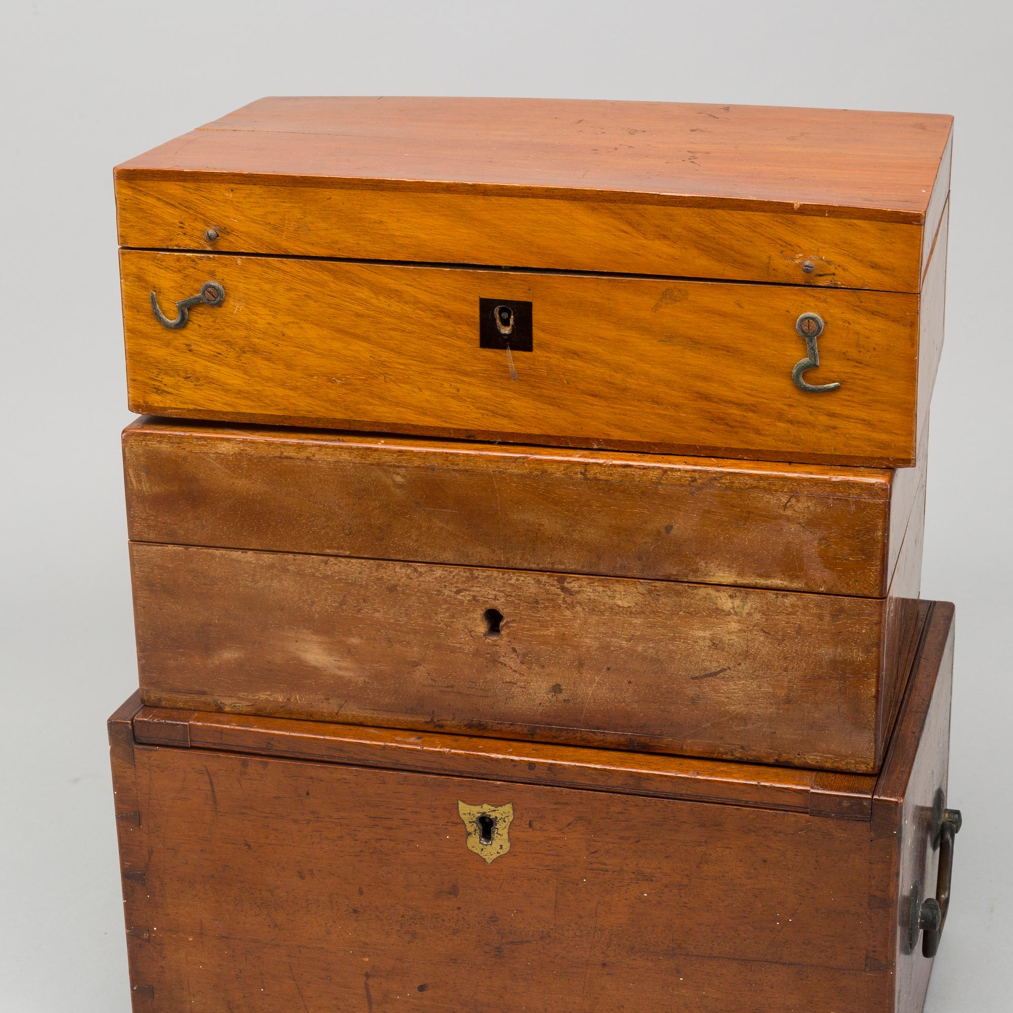 A set of three wodden boxes for microscopes, around 1900.
