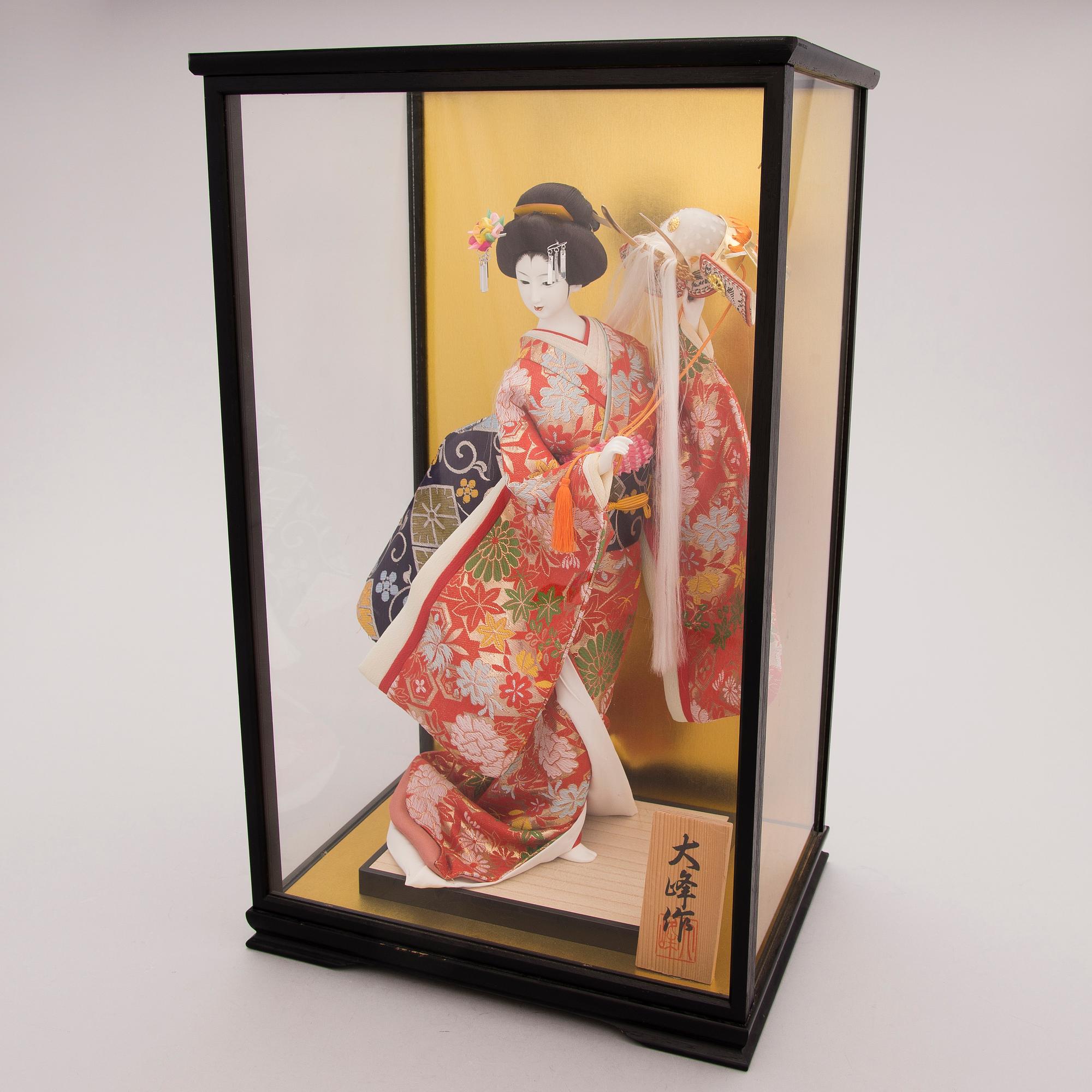 A latter half of the 20th century Japanese doll in showcase.