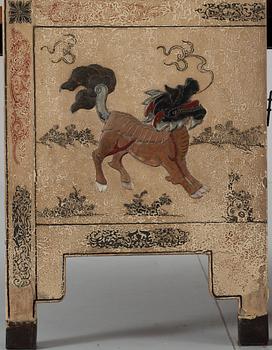 A painted and inlayed four-foulded screen, Qing dynasty (1644-1911).