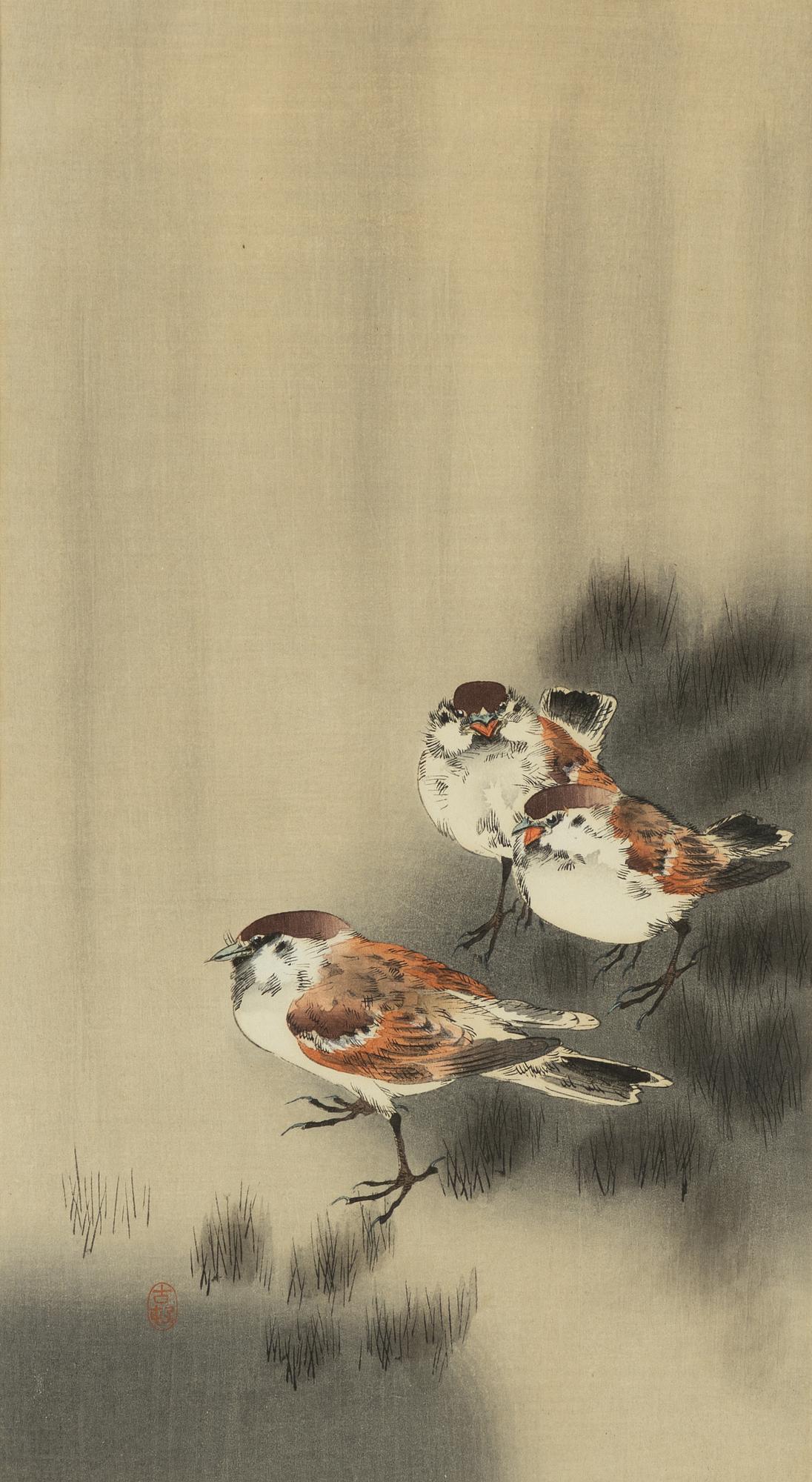Ohara Koson, 'Tre pilfinkar i regn'.