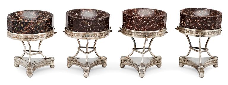 A set of four Swedish silver and different porphyry salts, by Johan Malmstedt, Göteborg 1820.